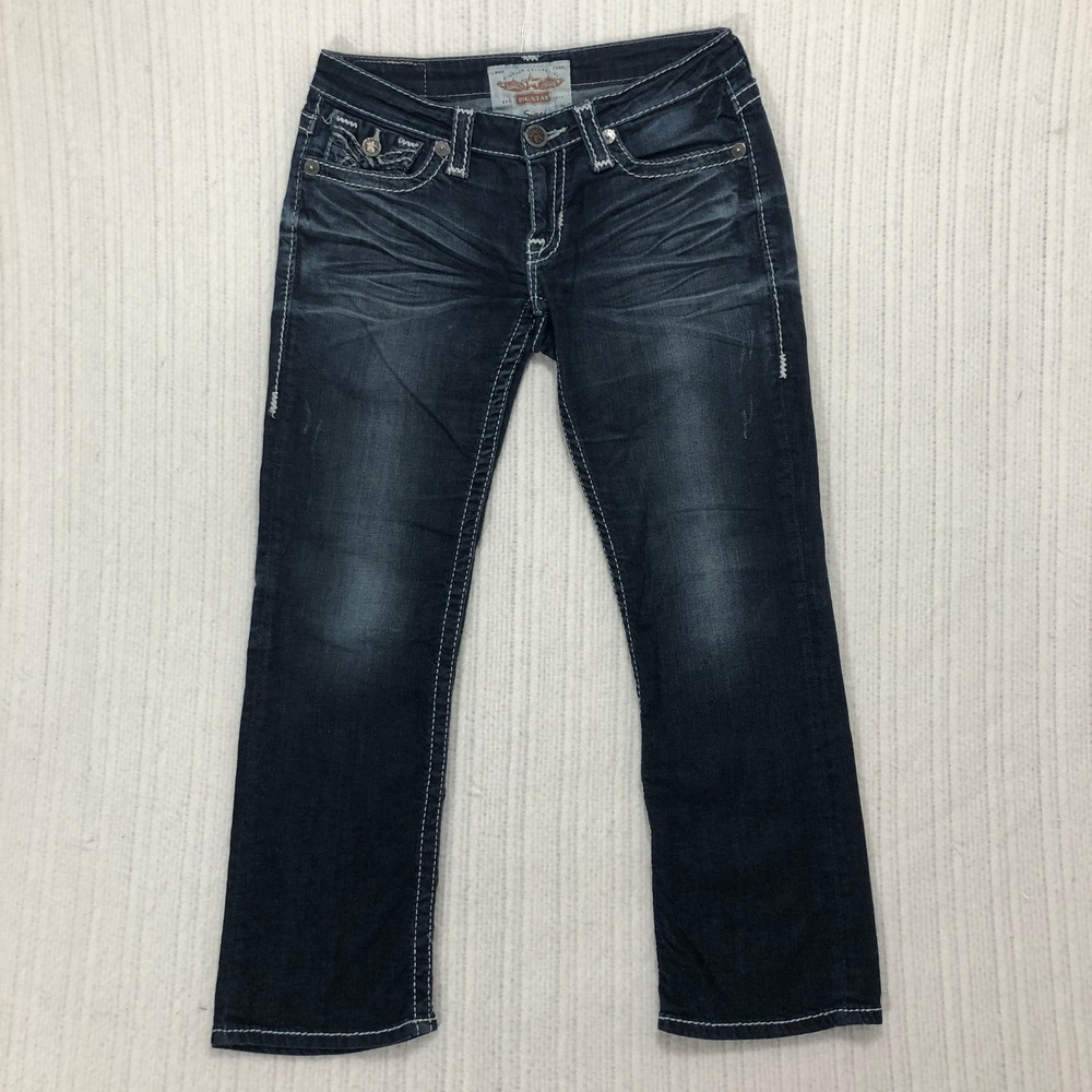 Big Star Sweet Flare Jeans Embellished Pockets Dark‎ Wash Denim Size 29